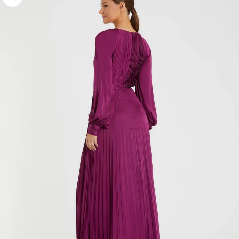Pleated High Neck Raglan Long Sleeve Side Slit Gown